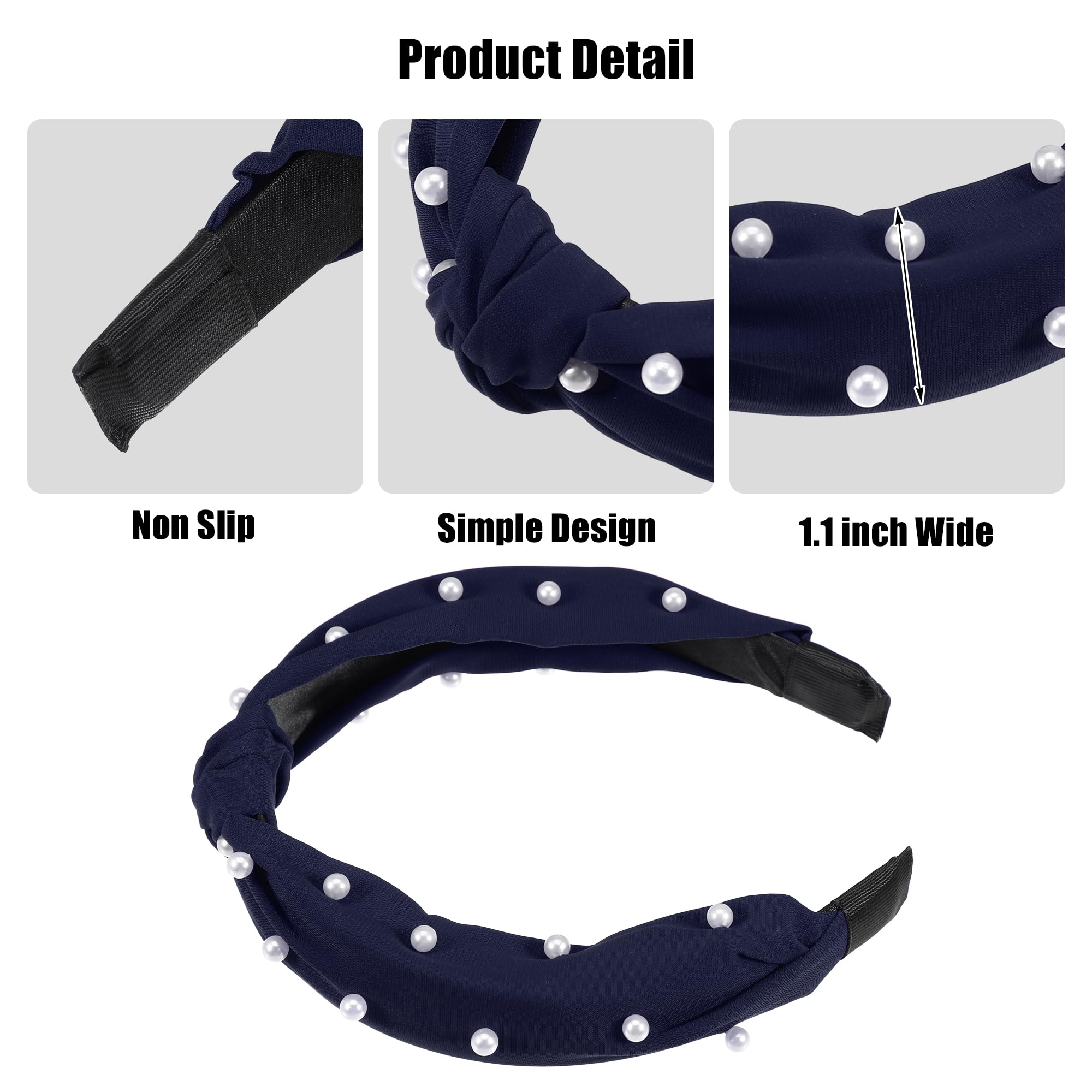 VOCOSTE Satin Knotted Pearl Headband for Women - Deep Blue, 1.1 Inch Wide