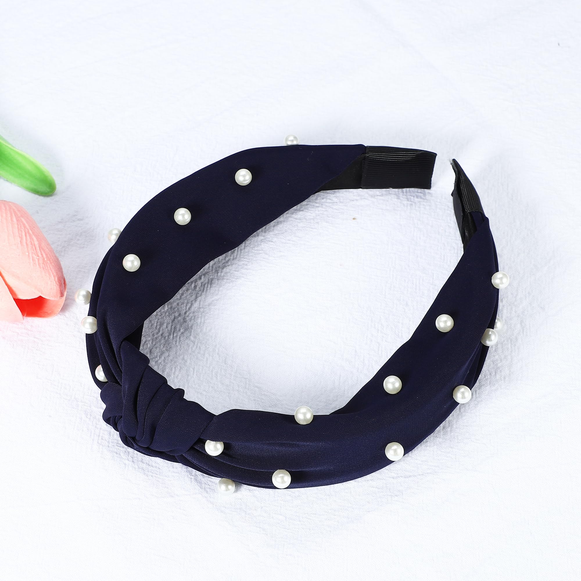 VOCOSTE Satin Knotted Pearl Headband for Women - Deep Blue, 1.1 Inch Wide