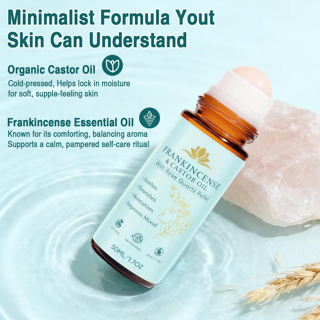 VOGUZY Frankincense & Castor Oil Rose Quartz Roller – Organic Cold-Pressed, 50ML/1.7oz