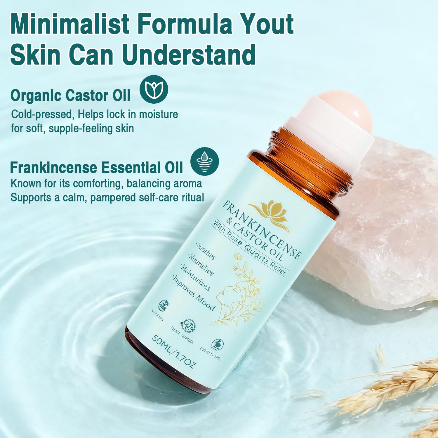 VOGUZY Frankincense & Castor Oil Rose Quartz Roller – Organic Cold-Pressed, 50ML/1.7oz