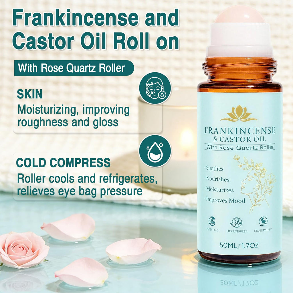 VOGUZY Frankincense & Castor Oil Rose Quartz Roller – Organic Cold-Pressed, 50ML/1.7oz