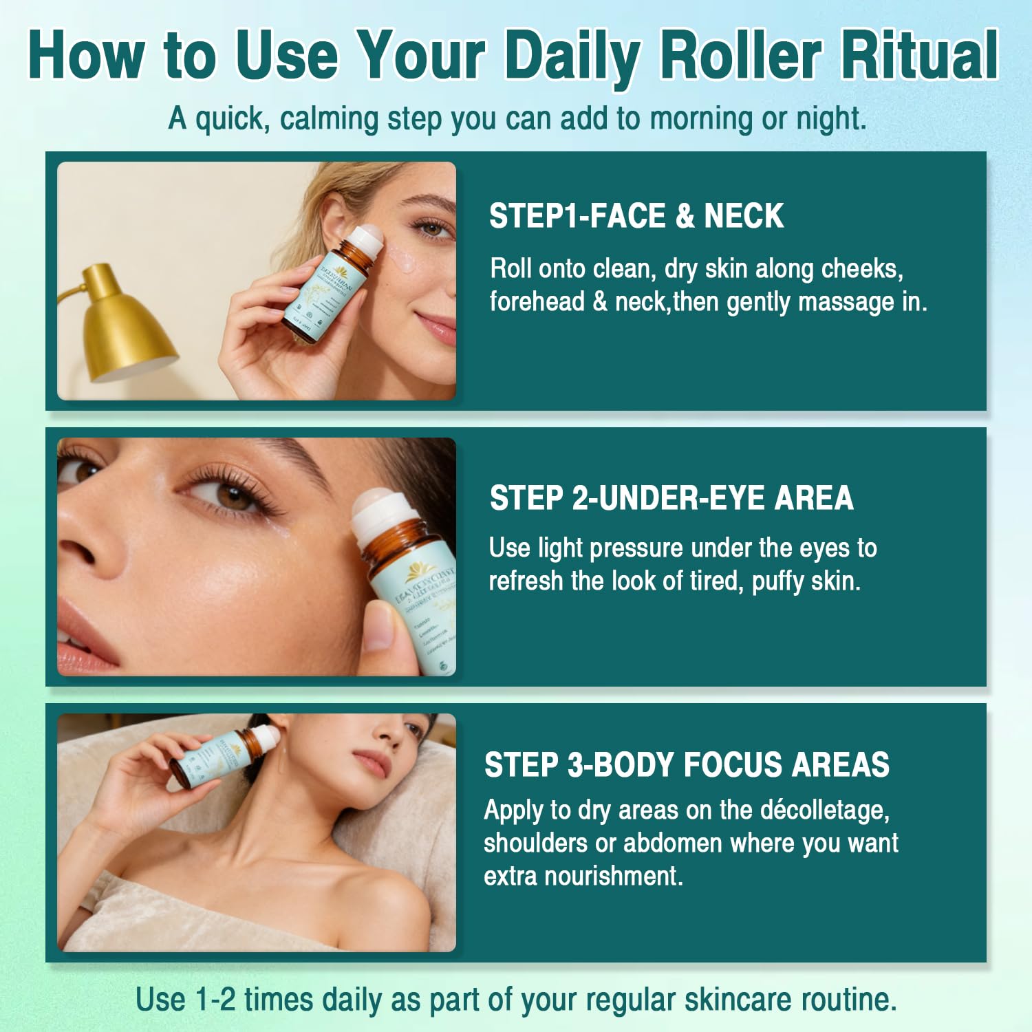 VOGUZY Frankincense & Castor Oil Rose Quartz Roller – Organic Cold-Pressed, 50ML/1.7oz