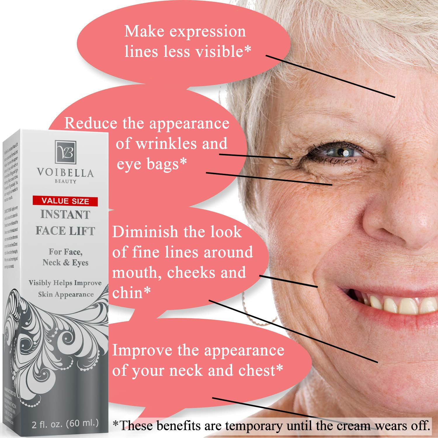 VOIBELLA BEAUTY Instant Face Lift Cream – Tightening & Firming for Eyes, Neck & Face (2 oz)