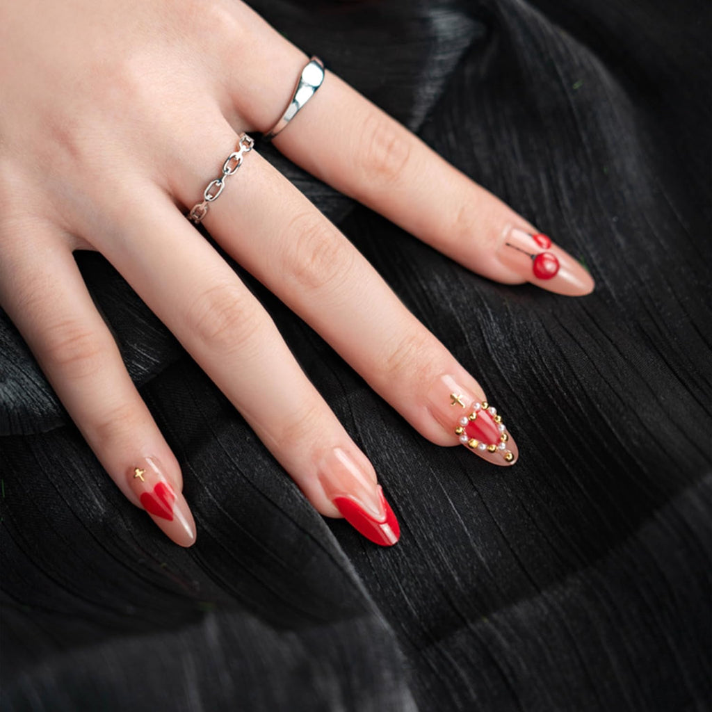 Vopintpy Romantic Valentines Press On Nails – 24 Pcs Red Heart 3D Design with Gold Stars & Pearl Shine