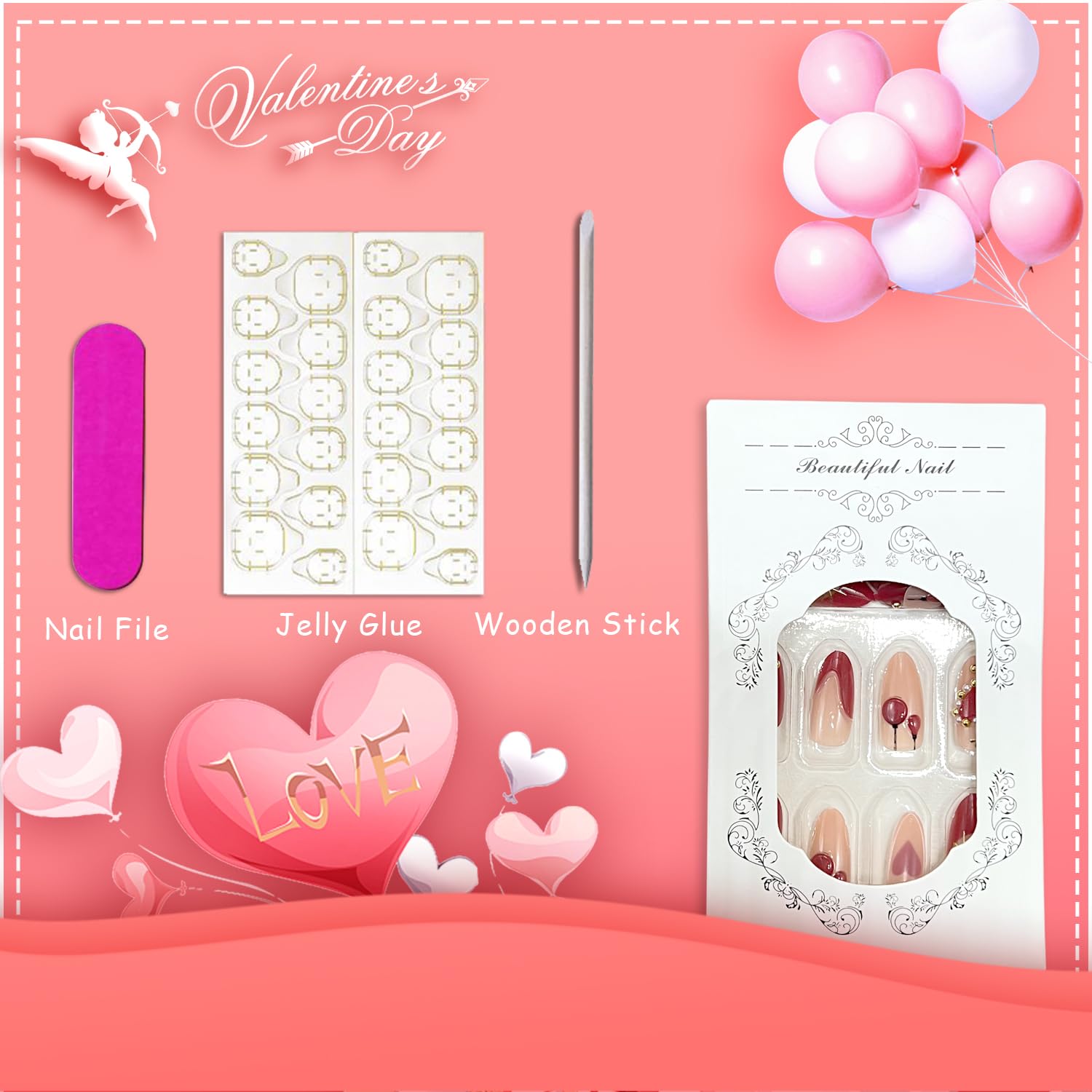 Vopintpy Romantic Valentines Press On Nails – 24 Pcs Red Heart 3D Design with Gold Stars & Pearl Shine