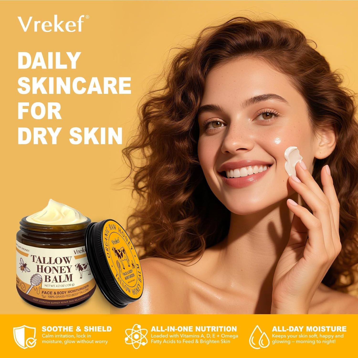 VREKEF Beef Tallow Balm for Skin – Grass-Fed Tallow, Honey, Sea Buckthorn & Shea Butter (4.2 oz)