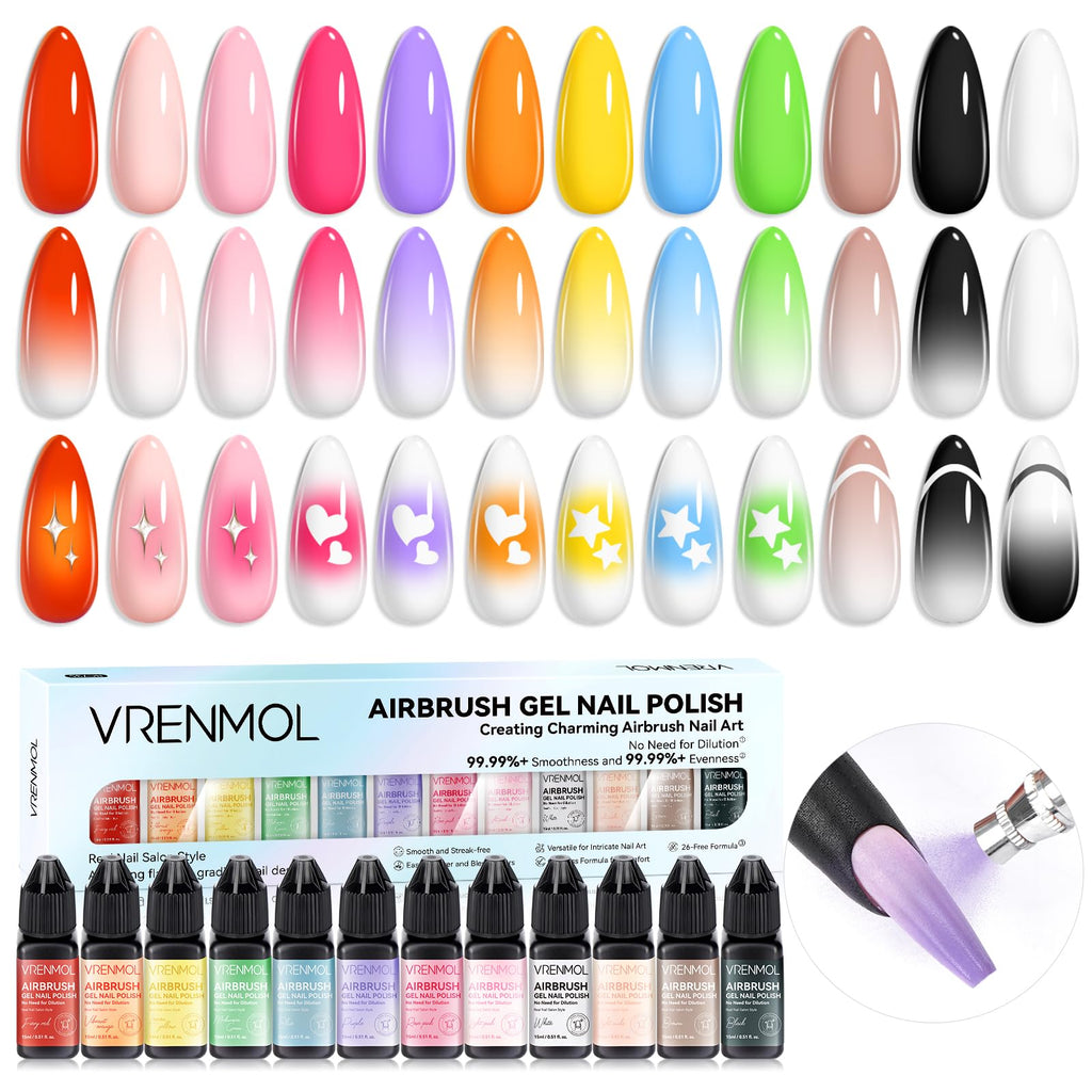 VRENMOL 12PCS Airbrush Gel Nail Polish – HEMA-Free, No Dilution, 12 Bright Colors