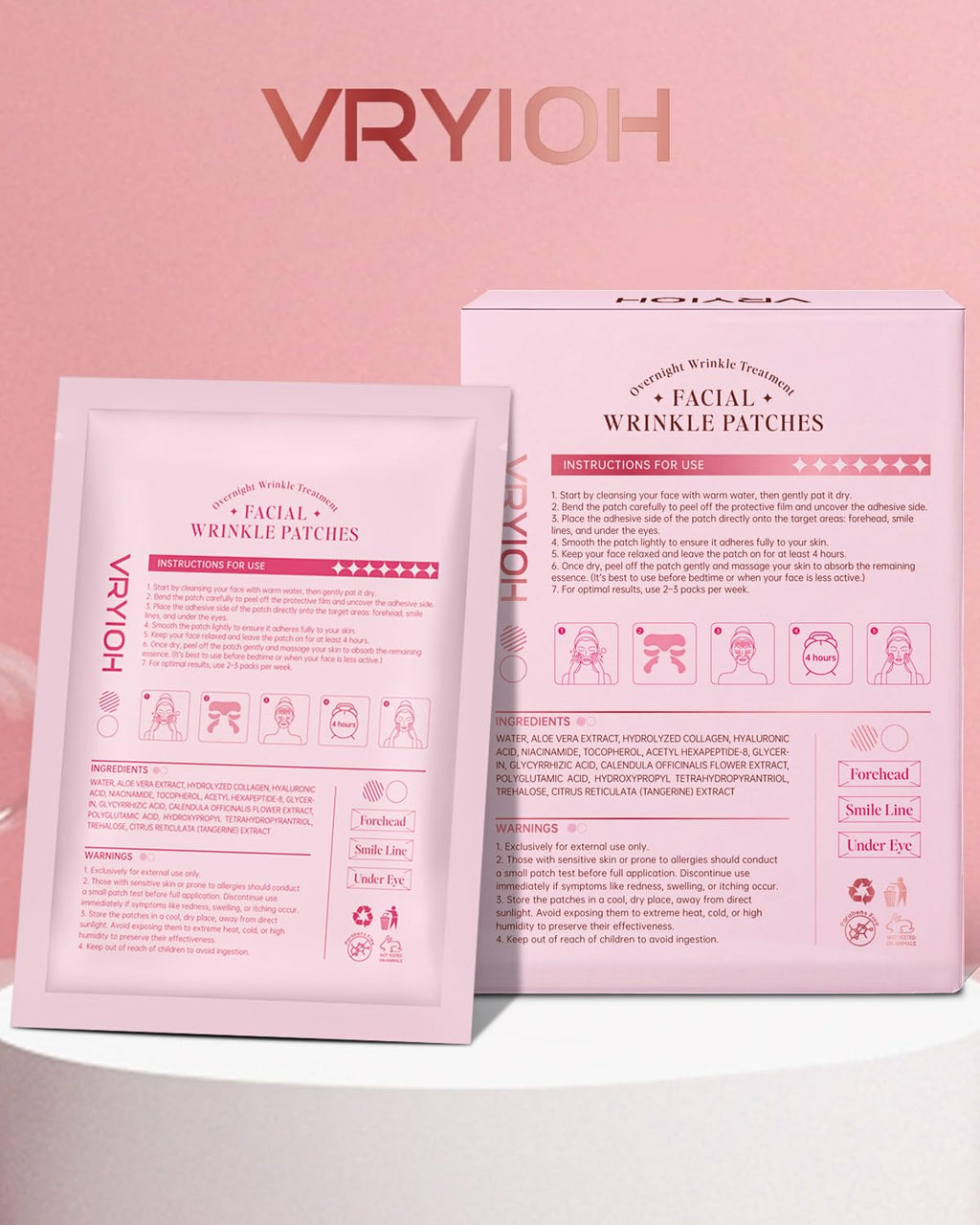 Vryioh 3-in-1 Forehead, Smile Line & Under Eye Patches – Overnight Hyaluronic Acid + Collagen