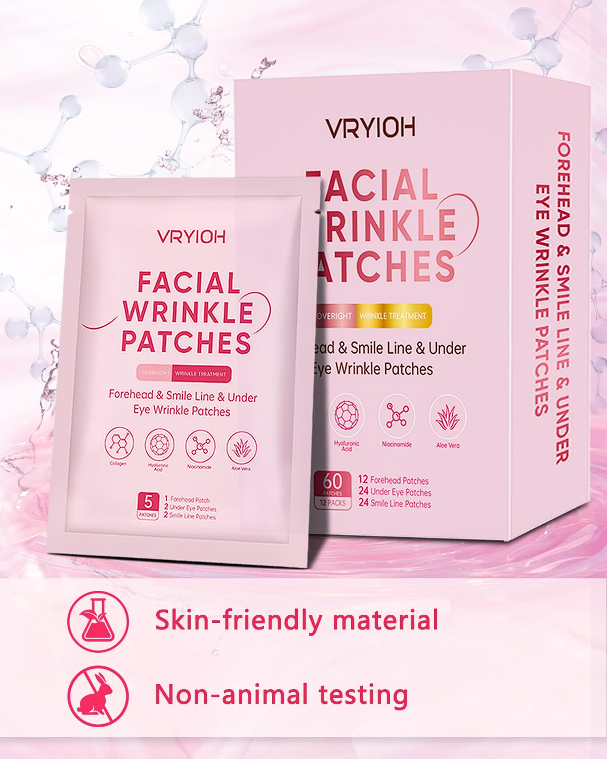 Vryioh 3-in-1 Forehead, Smile Line & Under Eye Patches – Overnight Hyaluronic Acid + Collagen