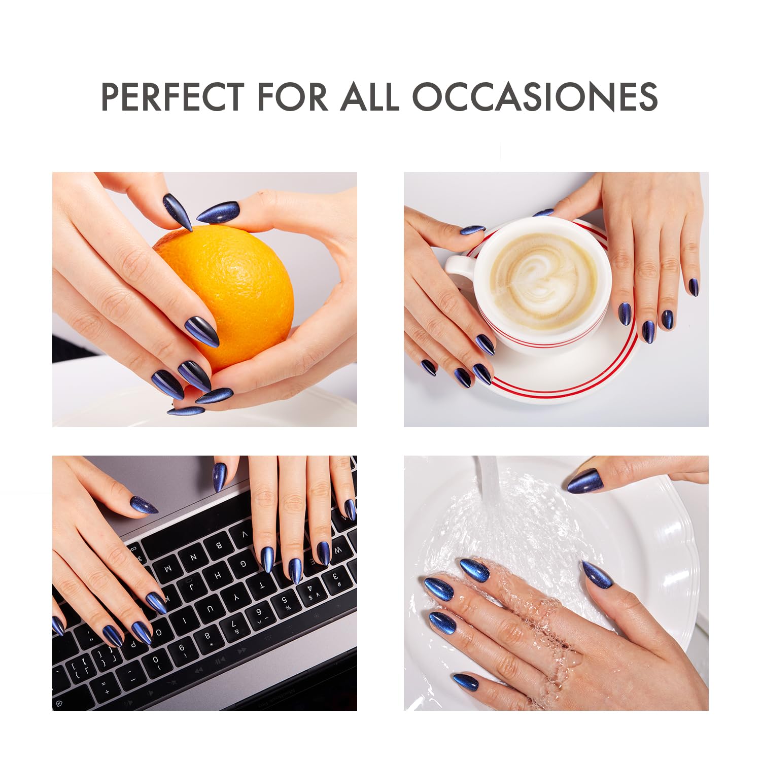 VSALON Press On Nails Short Almond - Blue Cat Eye Chrome Kit | 32 Pcs, 16 Sizes, Midnight Tide