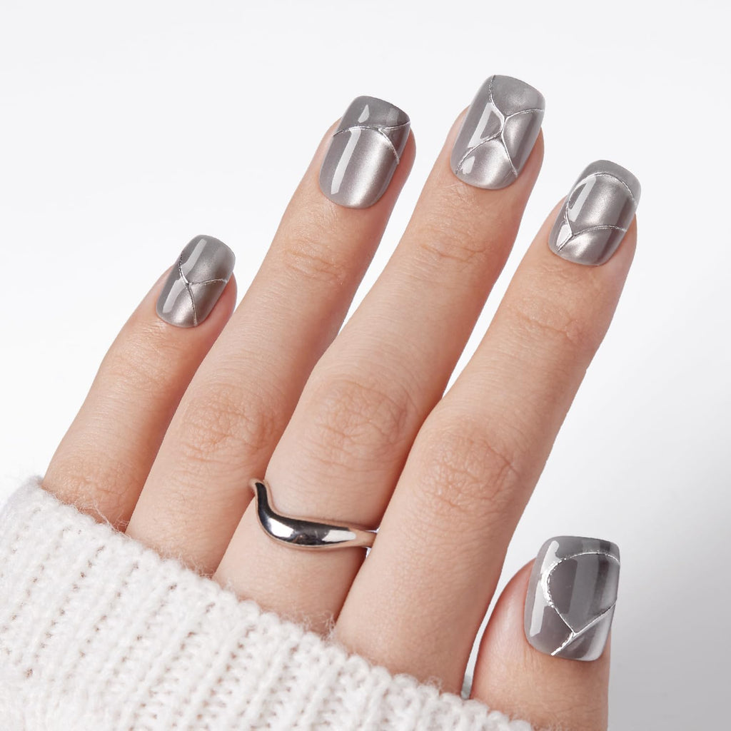 VSALON Press On Nails Short Square – Silver Gray Cat Eye Gloss, 32 Pcs, 16 Sizes, Glue & Cuticle Oil