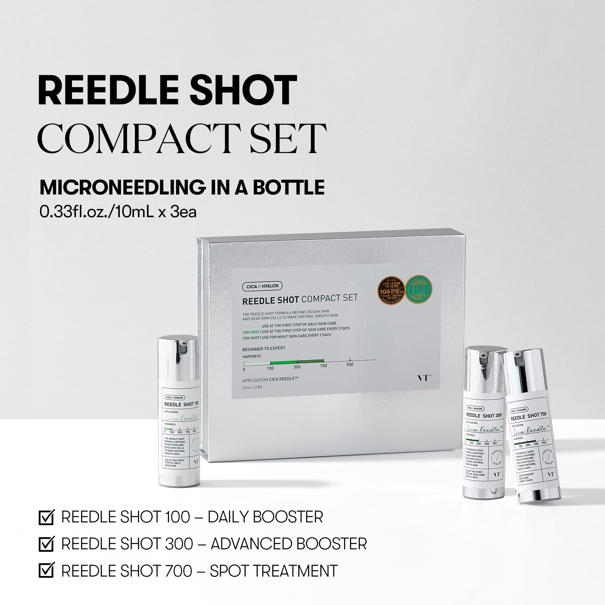 VT COSMETICS Reedle Shot Compact Set – Microneedling Serum Gift Set (100/300/700) 0.34 oz Each