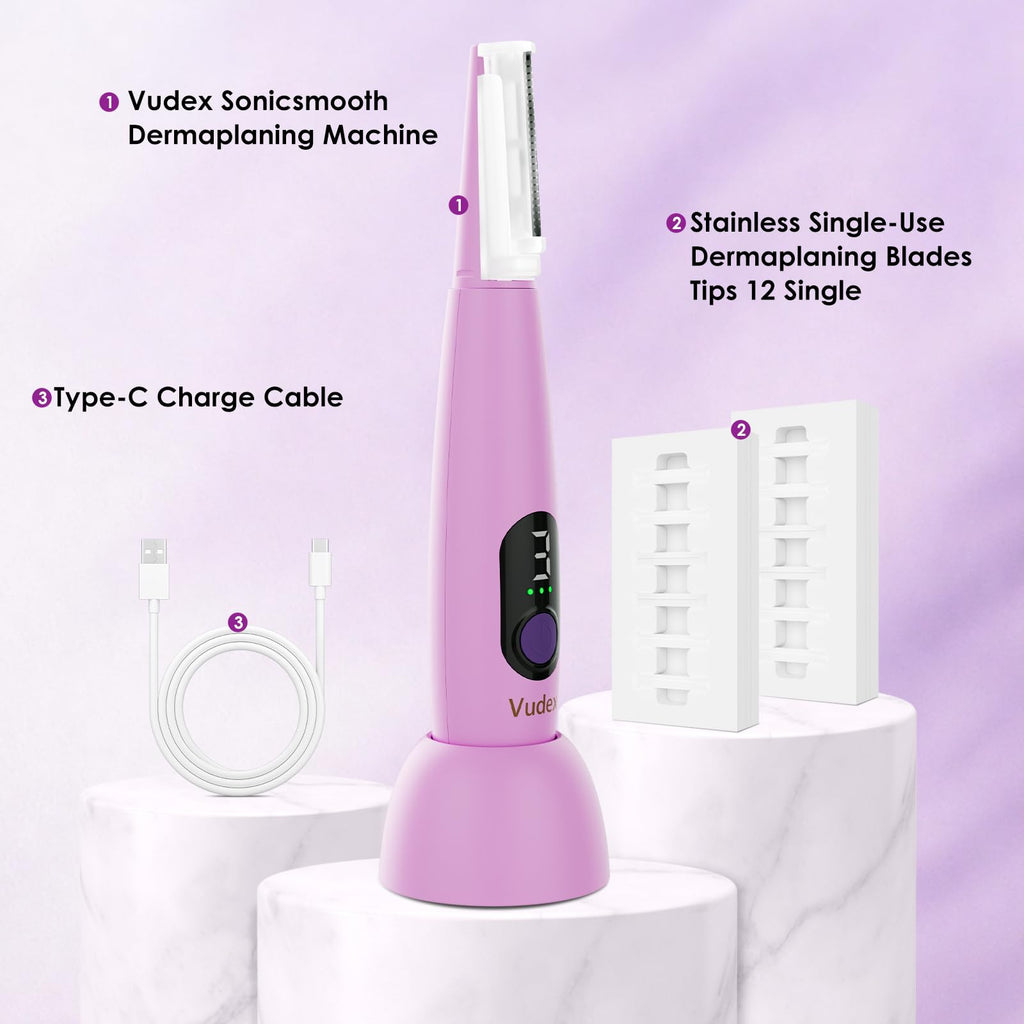 Vudex Sonic Smooth Dermaplane Razor for Women | Facial Hair Removal Kit with 12 Blades, 3 Speeds & LED Light