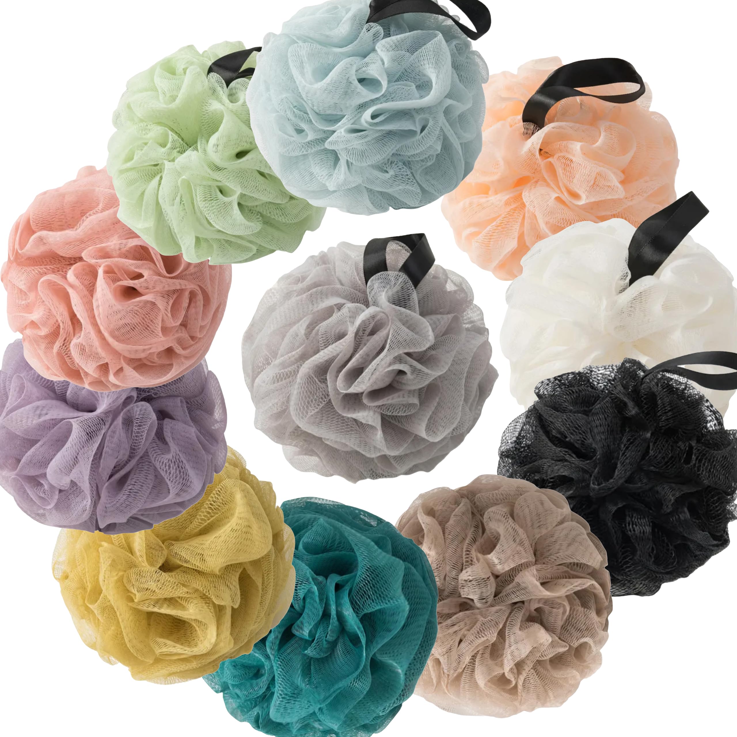 VVmotes Loofah Sponges for Shower – 8-Pack Colorful Set (Black, Gray, Blue, Pink, Purple, Light Green, Beige & Dark Green)