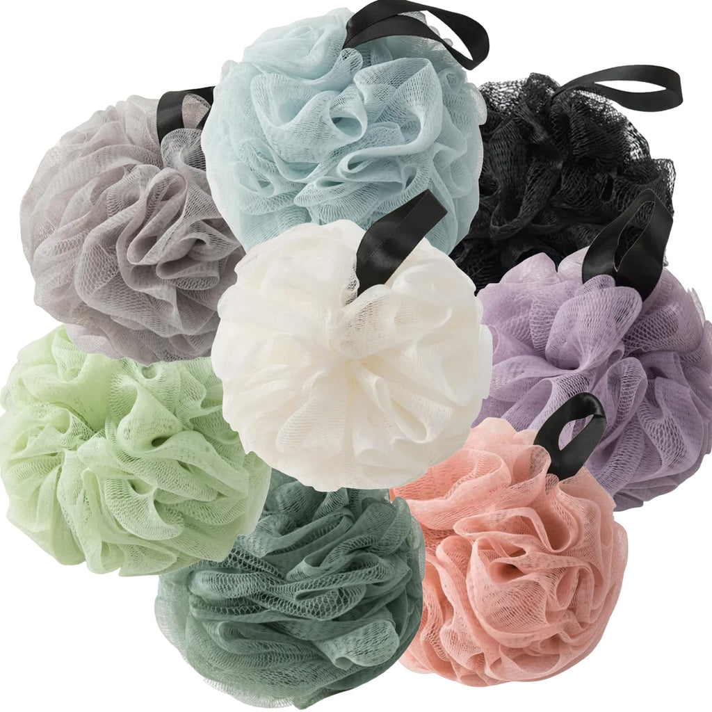 VVmotes Loofah Sponges for Shower – 8-Pack Colorful Set (Black, Gray, Blue, Pink, Purple, Light Green, Beige & Dark Green)
