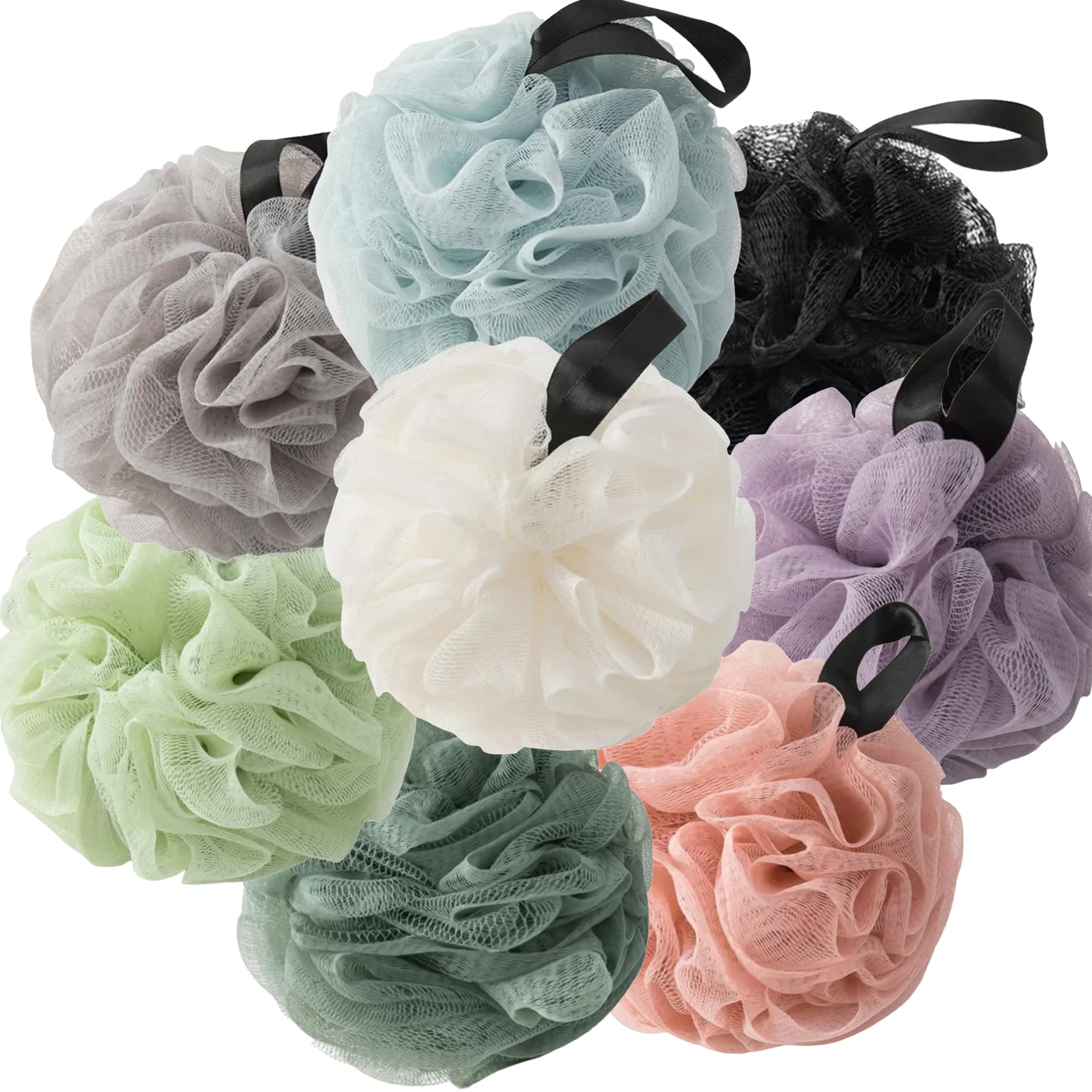 VVmotes Loofah Sponges for Shower – 8-Pack Colorful Set (Black, Gray, Blue, Pink, Purple, Light Green, Beige & Dark Green)