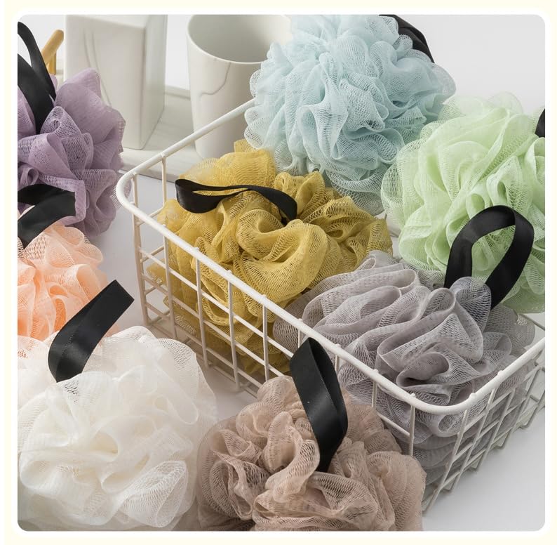 VVmotes Loofah Sponges for Shower – 8-Pack Colorful Set (Black, Gray, Blue, Pink, Purple, Light Green, Beige & Dark Green)