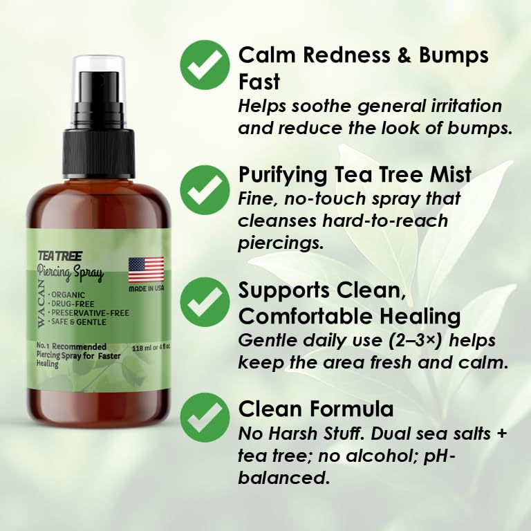 Wacan Advanced Tea Tree Piercing Spray – Alcohol-Free Saline Aftercare for Ears, Nose & Belly