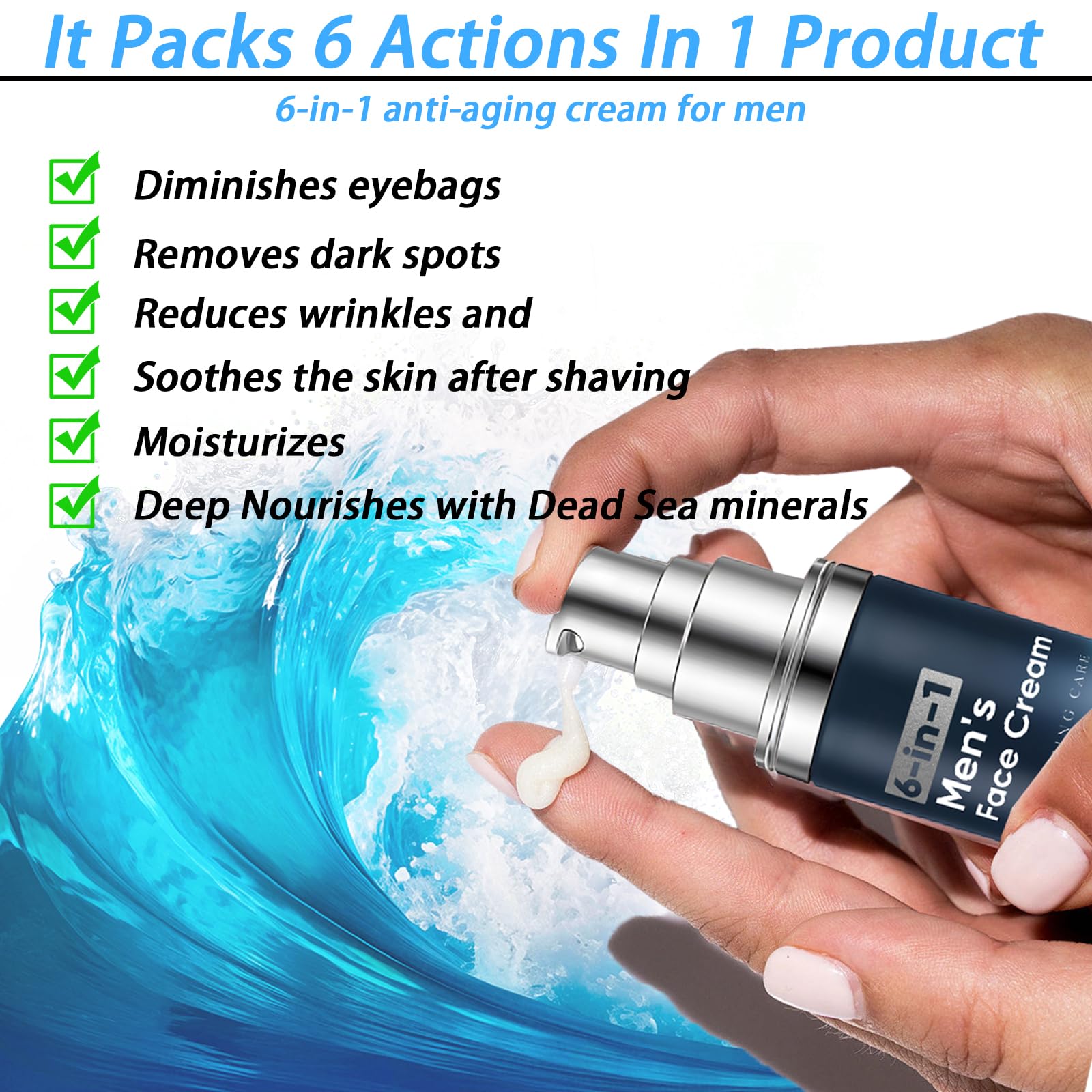 WAESKI 6-in-1 Face Cream for Men – Anti-Aging Moisturizer with Collagen, Hyaluronic Acid & Shea Butter | Reduces Wrinkles, Dark Circles & Puffiness | 1.76 fl oz
