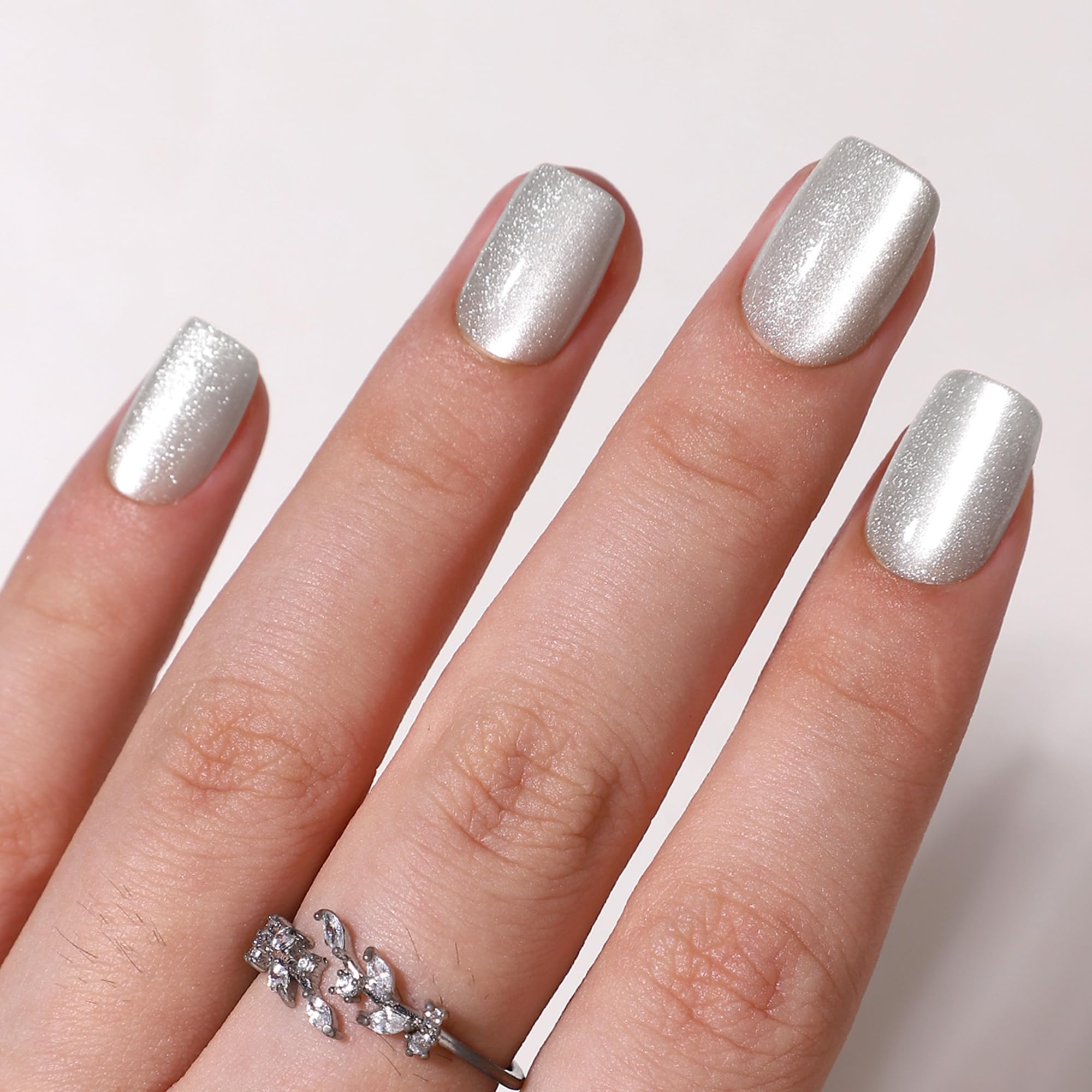 WAFOLOZE Gel Press On Nails Square – Silver Cats-Eye Design, 32 Pcs, 16 Sizes