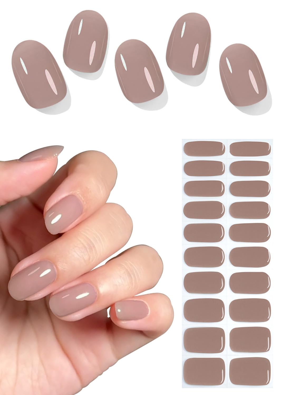 Wahrshei Semi Cured Gel Nail Strips Jelly Brown 20pcs – Adhesive UV Sticker Wraps for Home Manicure
