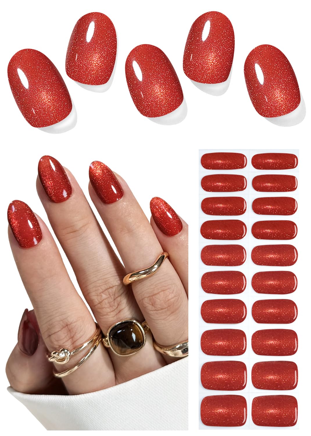 Wahrshei Semi Cured Gel Nail Strips – Red Cat Eye, 20pcs UV Sticker for DIY Home Manicure