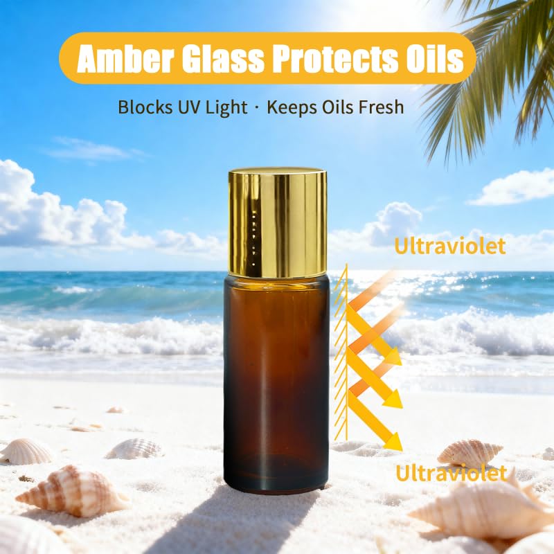 Warmify Rose Quartz Roller Bottles 50ml – Amber Glass Refillable Roll-On with Natural Crystal Balls and Gold Caps