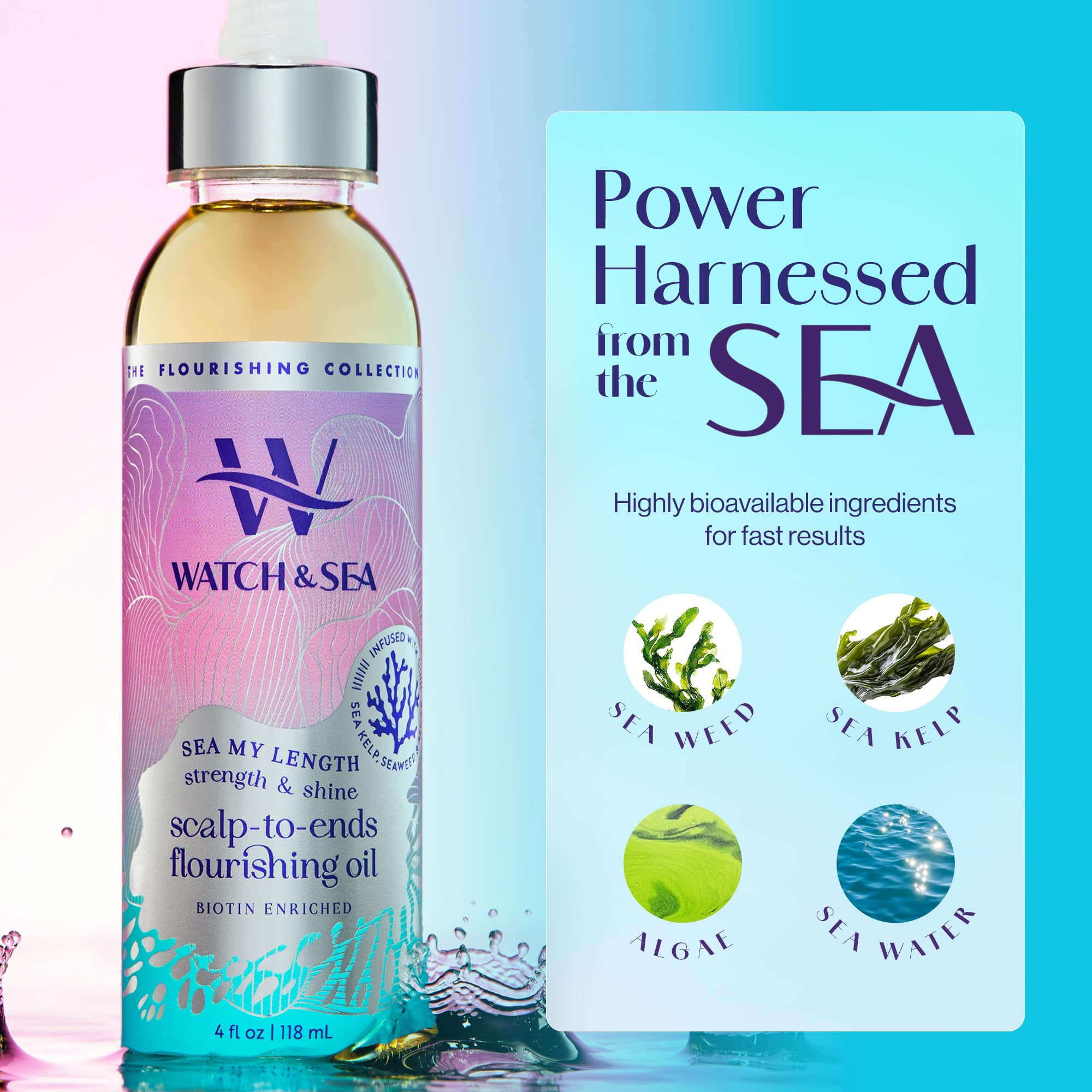 Watch & Sea Strength & Shine Hair Oil – Seaweed & Sea Kelp, 4 oz