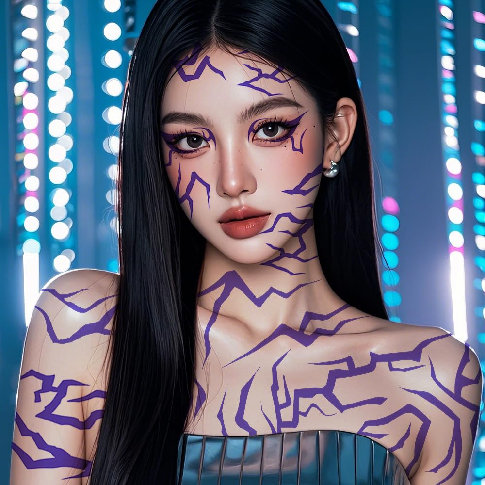 Waxkure Anime Purple Temporary Tattoos for Cosplay, Dance & Halloween – 9-Design Set