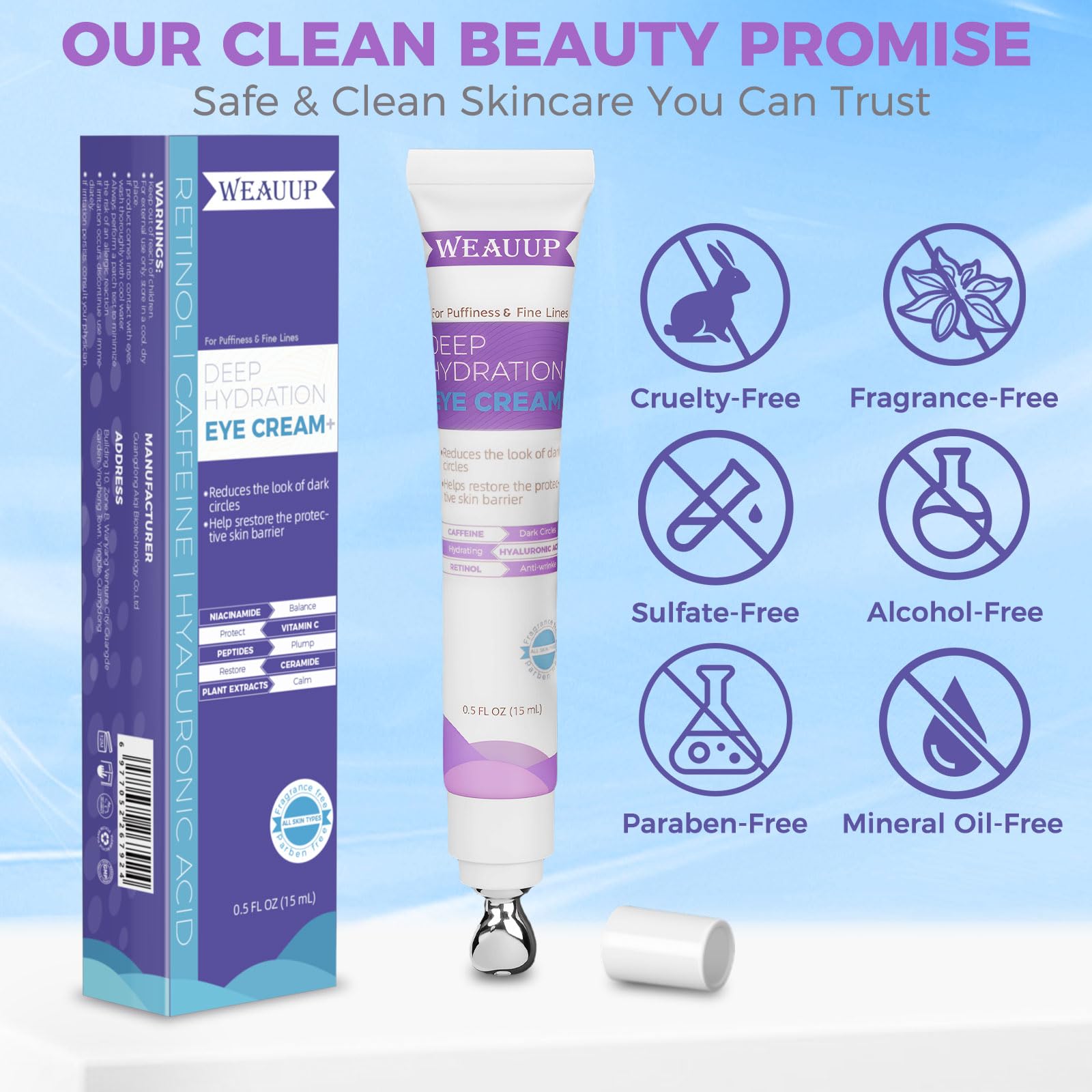 WEAUUP Eye Cream for Dark Circles & Puffiness – Retinol, Hyaluronic Acid, Caffeine & Peptides