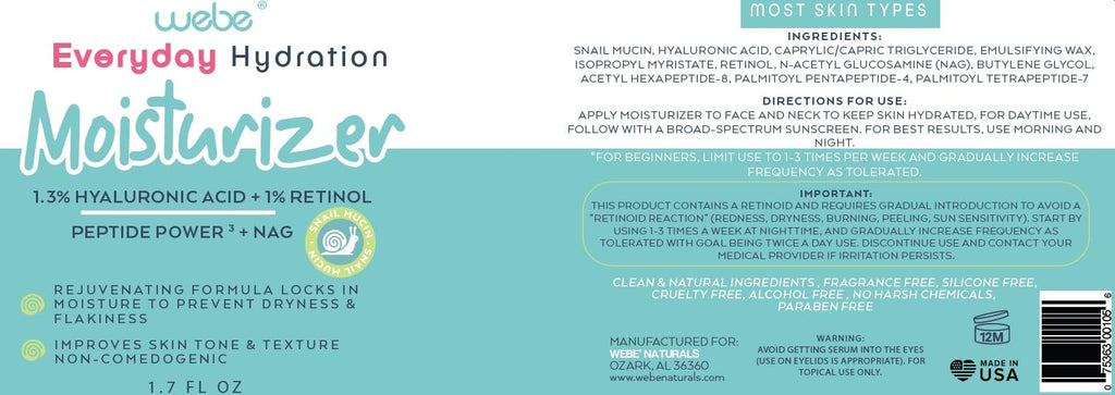 WEBE Hydration Snail Mucin Moisturizer | Hyaluronic Acid, Retinol & Peptides Anti-Aging Cream