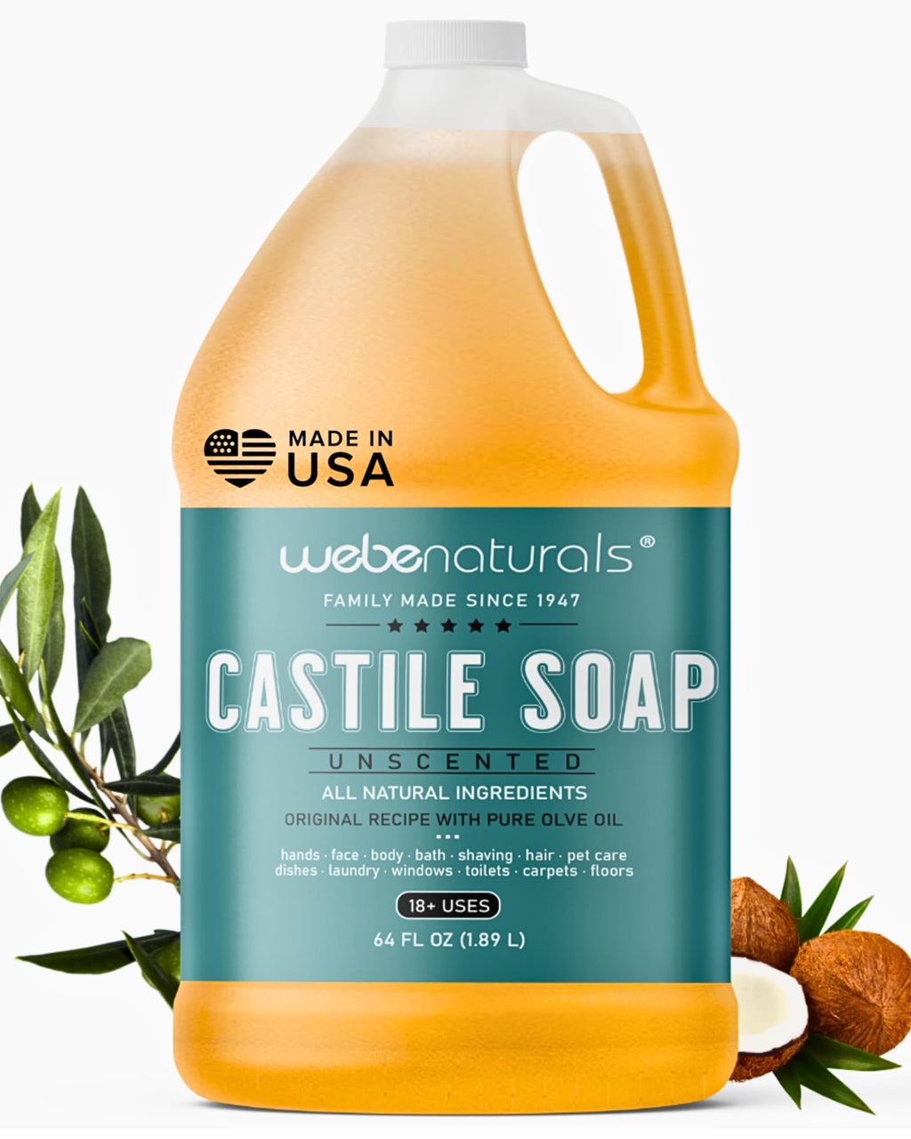 WEBE Pure Unscented Castile Liquid Soap Refill, 64 oz – Vegan, Gluten-Free, Non-GMO | Multi-Use Cleanser