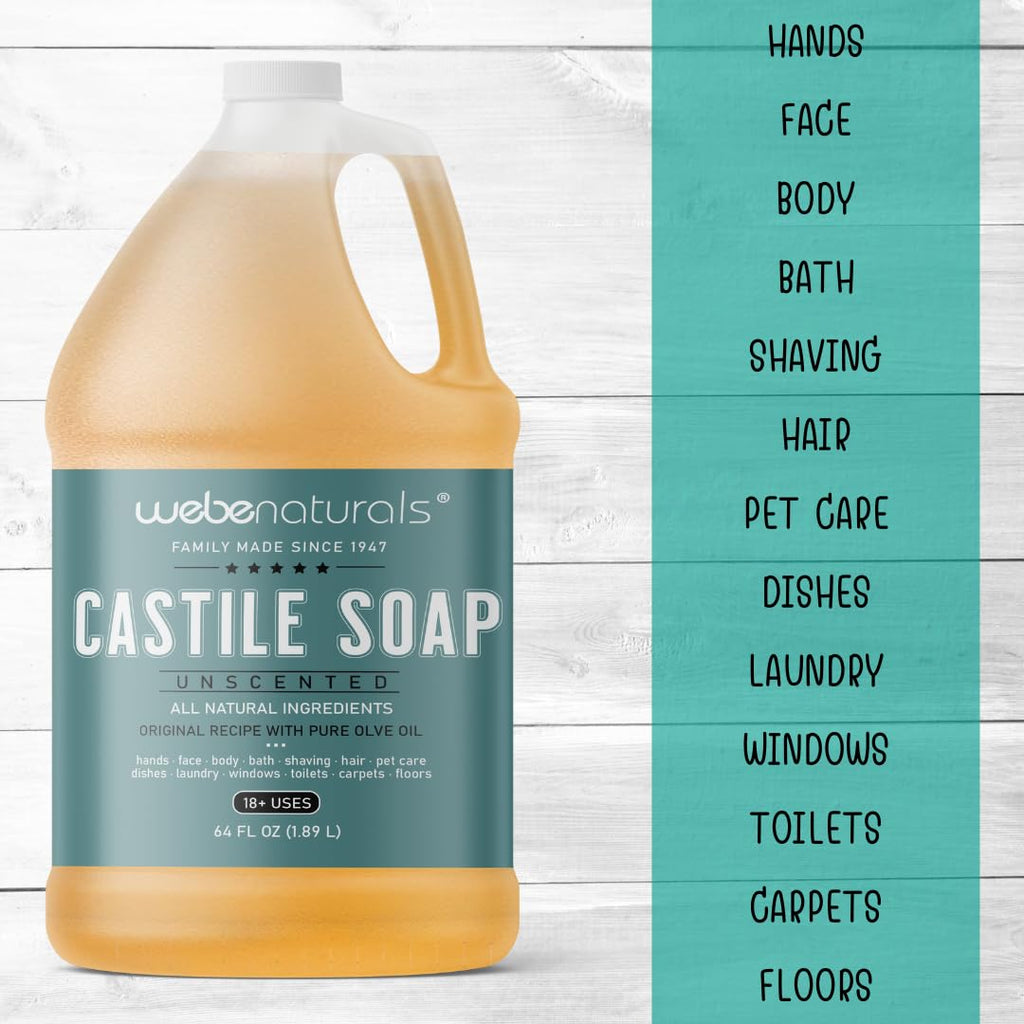 WEBE Pure Unscented Castile Liquid Soap Refill, 64 oz – Vegan, Gluten-Free, Non-GMO | Multi-Use Cleanser