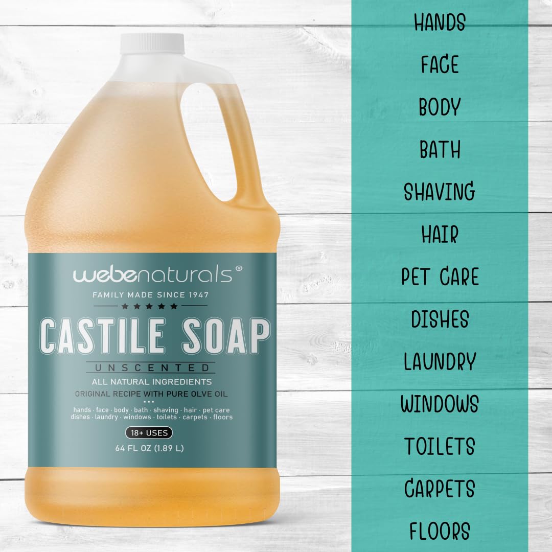WEBE Pure Unscented Castile Liquid Soap Refill, 64 oz – Vegan, Gluten-Free, Non-GMO | Multi-Use Cleanser