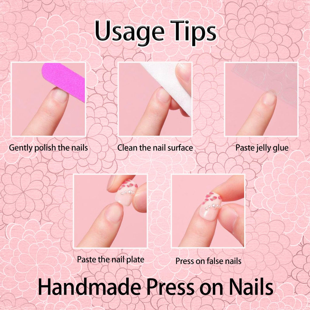10Pcs Blue Flower Press On Nails - Handmade Short Duck Design with 3D Rhinestones