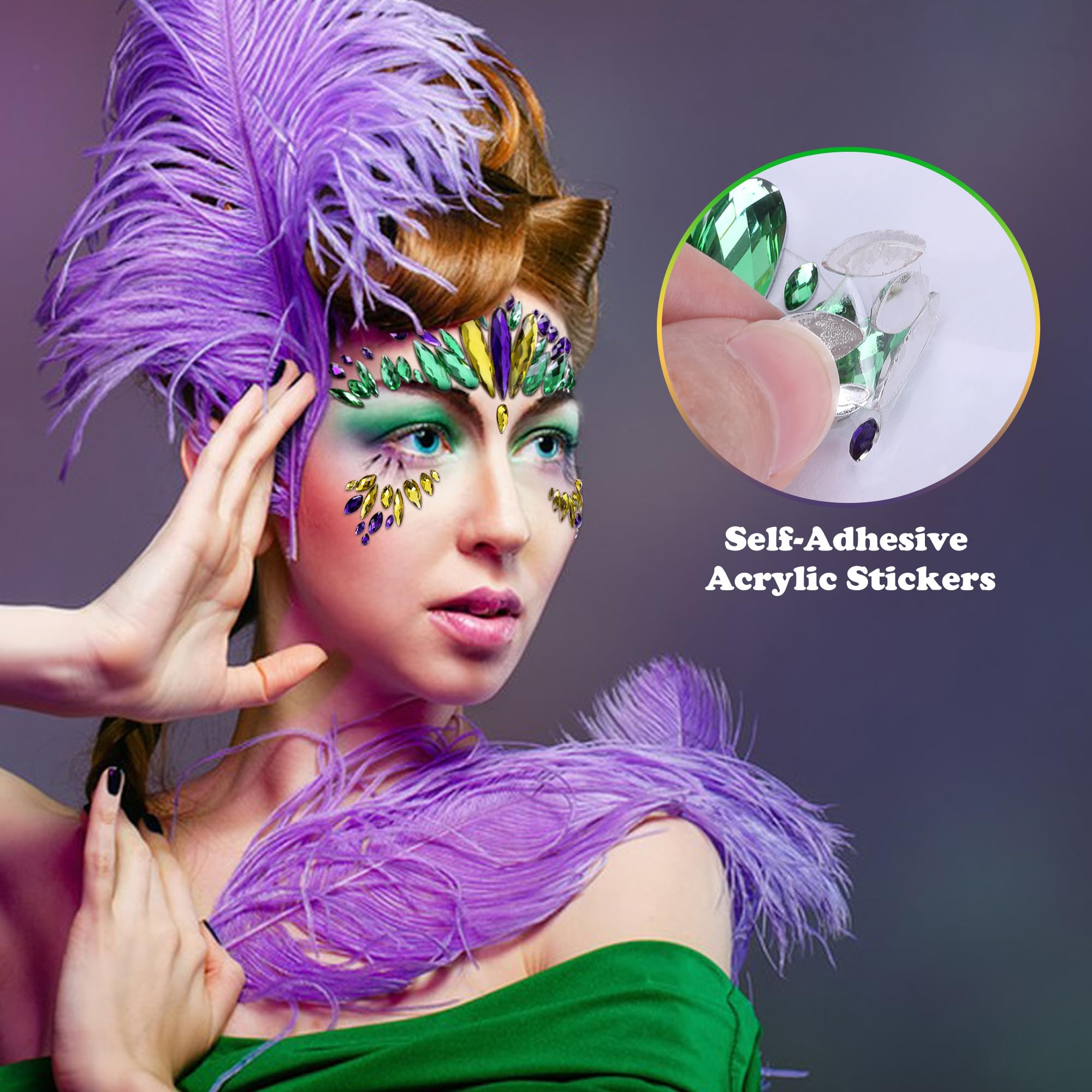 Wehhbtye 2 Set Mardi Gras Face Jewels Stickers – Self-Adhesive Glitter Eye Gems for Party Cosplay