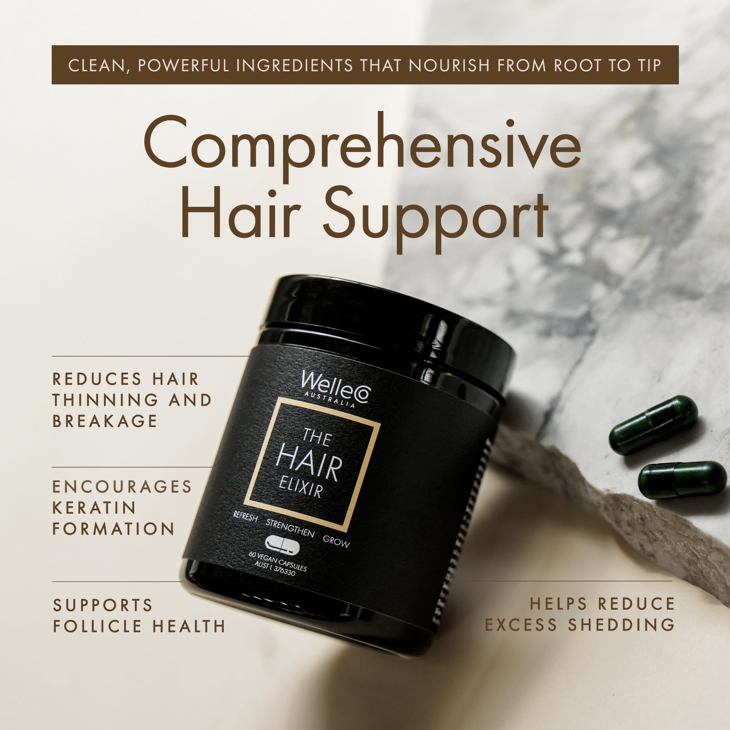 WelleCo The Hair Elixir – Vegan Hair Care Supplement with Biotin, Iron, Zinc & Rhodiola (60 Capsules)