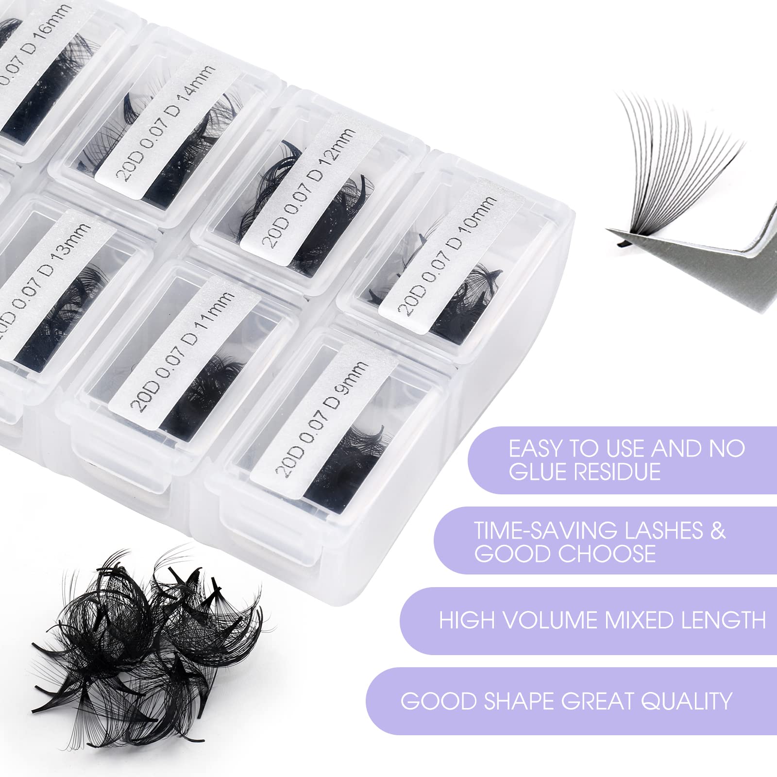 Wendy Lashes 1200 Fans Premade Lash Extensions – 9-20mm Mixed Tray, 20D, C Curl, 0.07