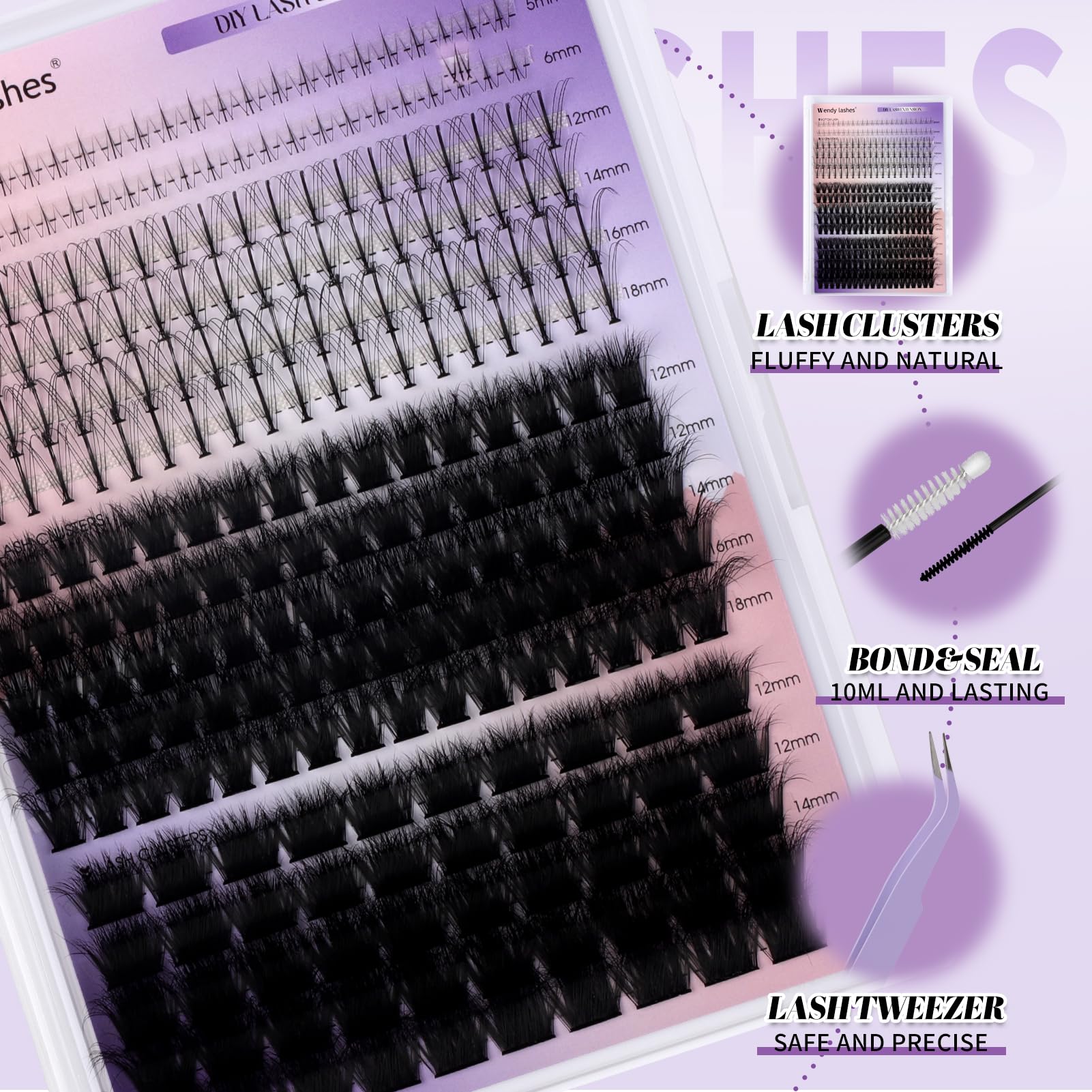Wendy Lashes Lash Clusters Kit — Bottom Lashes, 3D Spike & Volume, 12–18mm DIY Kit with Bond & Seal
