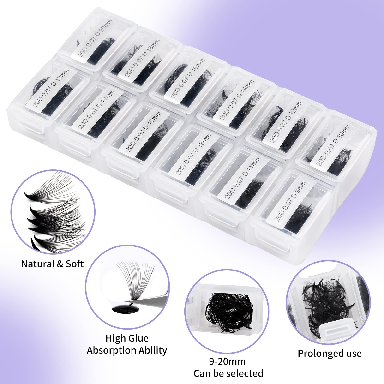Wendy Lashes 1200 Fans Premade Lash Extensions – 9-20mm Mixed Tray, 20D, C Curl, 0.07
