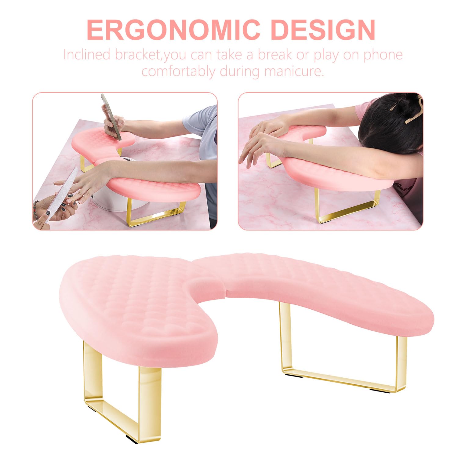 Wenxintek Hand Rest for Nails Tech – Soft Memory Foam U-Shaped Arm Rest (Pink) with Detachable Bracket