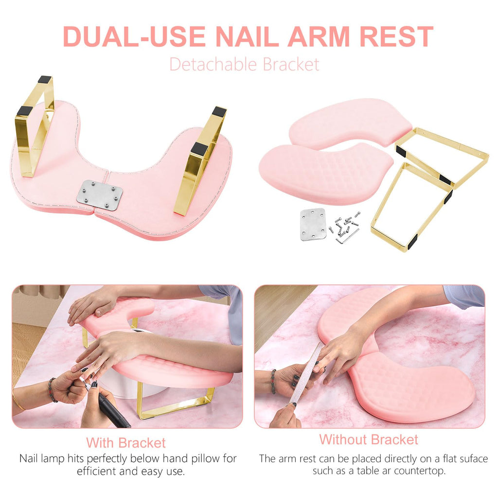 Wenxintek Hand Rest for Nails Tech – Soft Memory Foam U-Shaped Arm Rest (Pink) with Detachable Bracket
