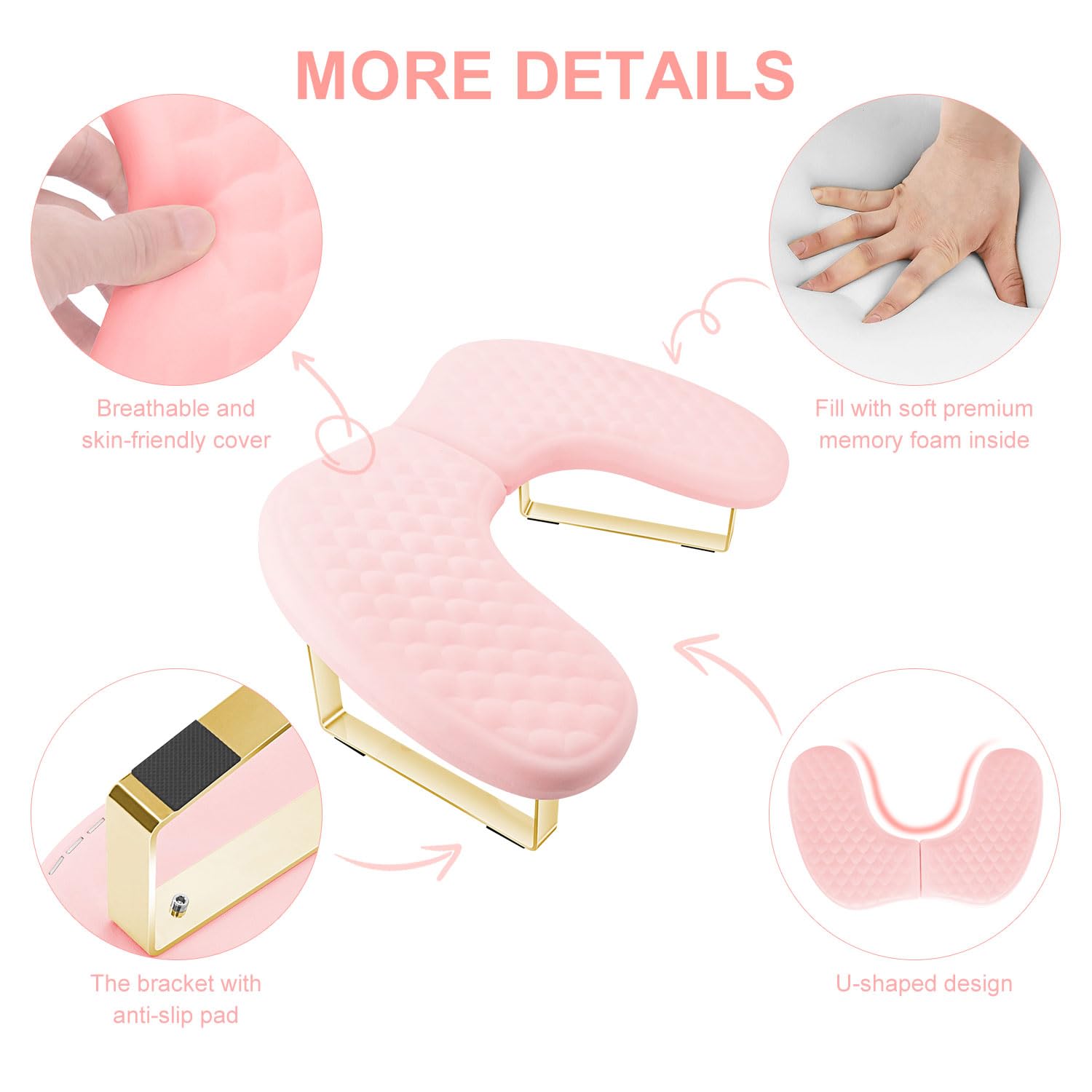 Wenxintek Hand Rest for Nails Tech – Soft Memory Foam U-Shaped Arm Rest (Pink) with Detachable Bracket