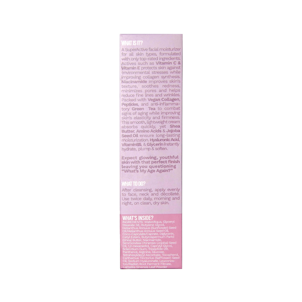 What’s My Age Again? SuperActive Facial Moisturizer – Daily Hydration with Hyaluronic Acid, Niacinamide & Peptides | Clean, Vegan, Fragrance Free