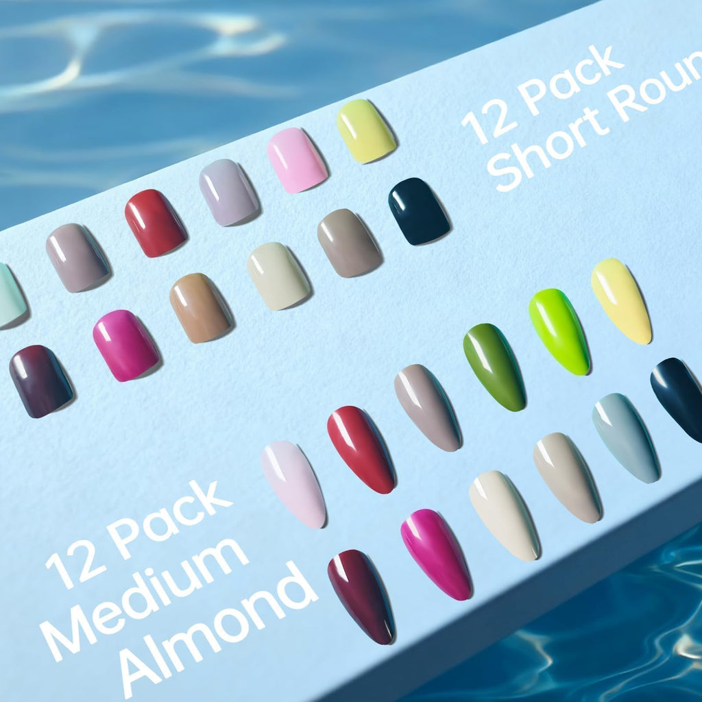 whisrvival 576Pcs Press On Nails Kit – 12 Almond & 12 Short Round with Adhesive Tabs