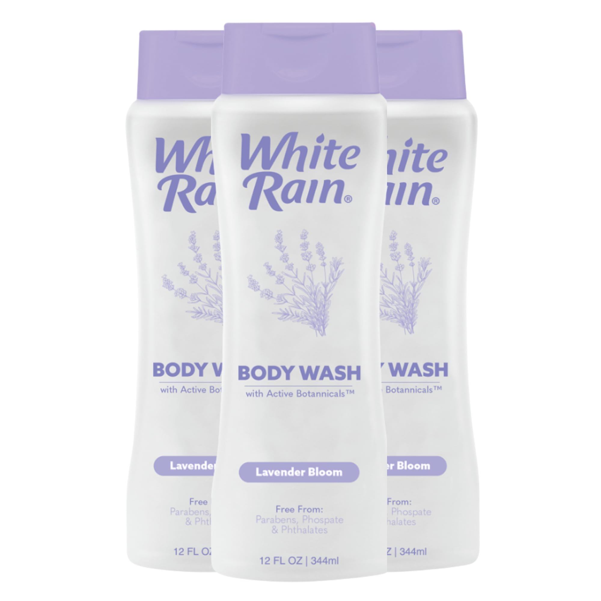 White Rain Lavender Moisturizing Body Wash – Paraben-Free, Unisex Shower Gel with Lavender & Botanicals (12 oz x3)