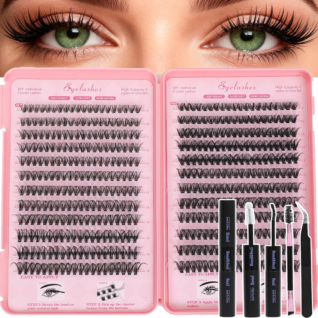 WIGICD Lash Clusters Kit – 480 Pcs D Curl False Eyelashes 9-16mm | DIY at‐Home Extensions with Bond, Seal, Tweezers & Brush