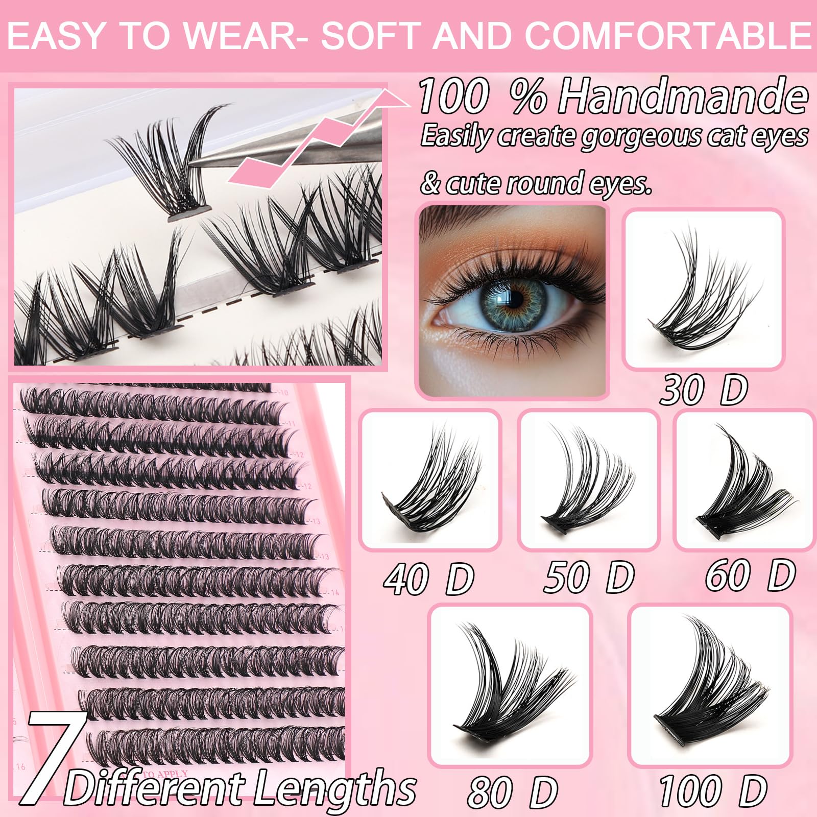 WIGICD Lash Clusters Kit – 480 Pcs D Curl False Eyelashes 9-16mm | DIY at‐Home Extensions with Bond, Seal, Tweezers & Brush