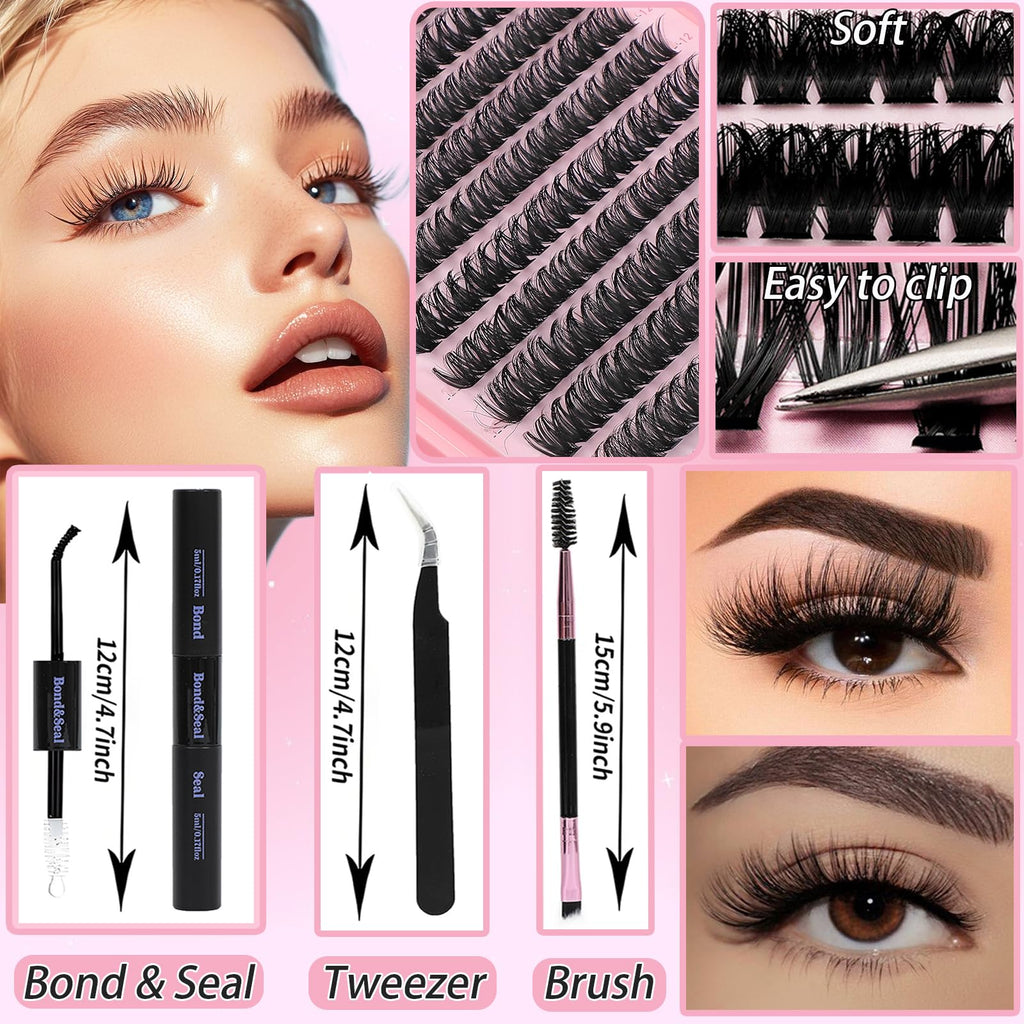 WIGICD Lash Clusters Kit – 480 Pcs D Curl False Eyelashes 9-16mm | DIY at‐Home Extensions with Bond, Seal, Tweezers & Brush