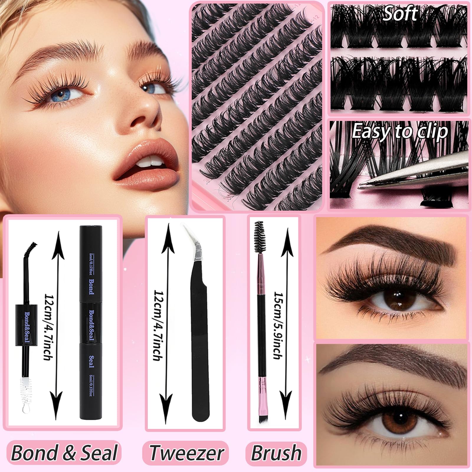 WIGICD Lash Clusters Kit – 480 Pcs D Curl False Eyelashes 9-16mm | DIY at‐Home Extensions with Bond, Seal, Tweezers & Brush